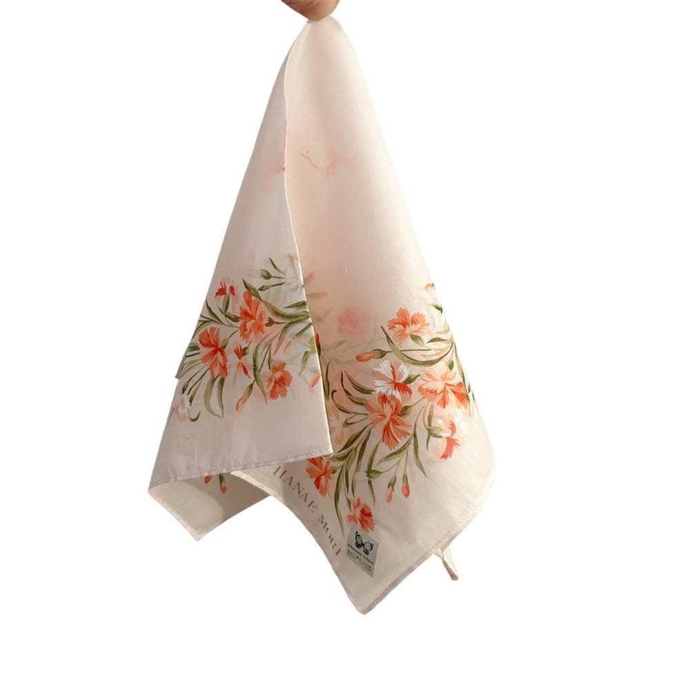 NWT Hanae Mori Pink Floral Handkerchief 100% Cotton Scarf, Japanese Designer VTG